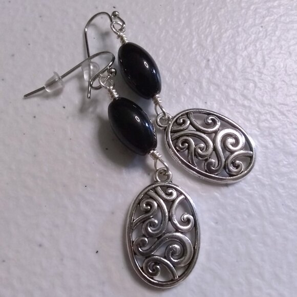 Silver Swirl Filigree & Black Jasper Bead Earrings ~ Feminine Power Tribal Vibes - Picture 3 of 9